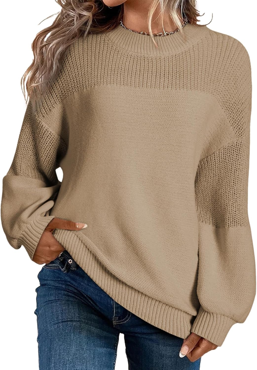 Maglione pullover da donna casual a manica lunga, scollo rotondo, maglia a tinta unita