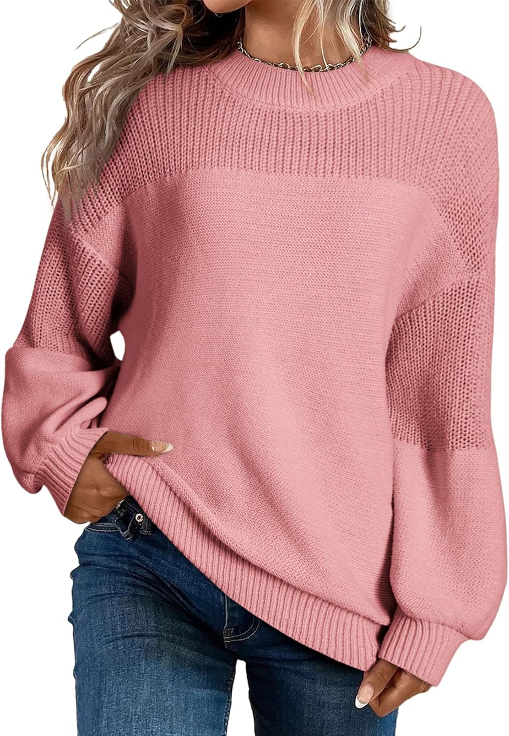 Maglione pullover da donna casual a manica lunga, scollo rotondo, maglia a tinta unita