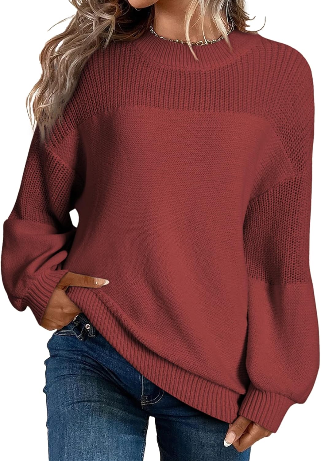 Maglione pullover da donna casual a manica lunga, scollo rotondo, maglia a tinta unita