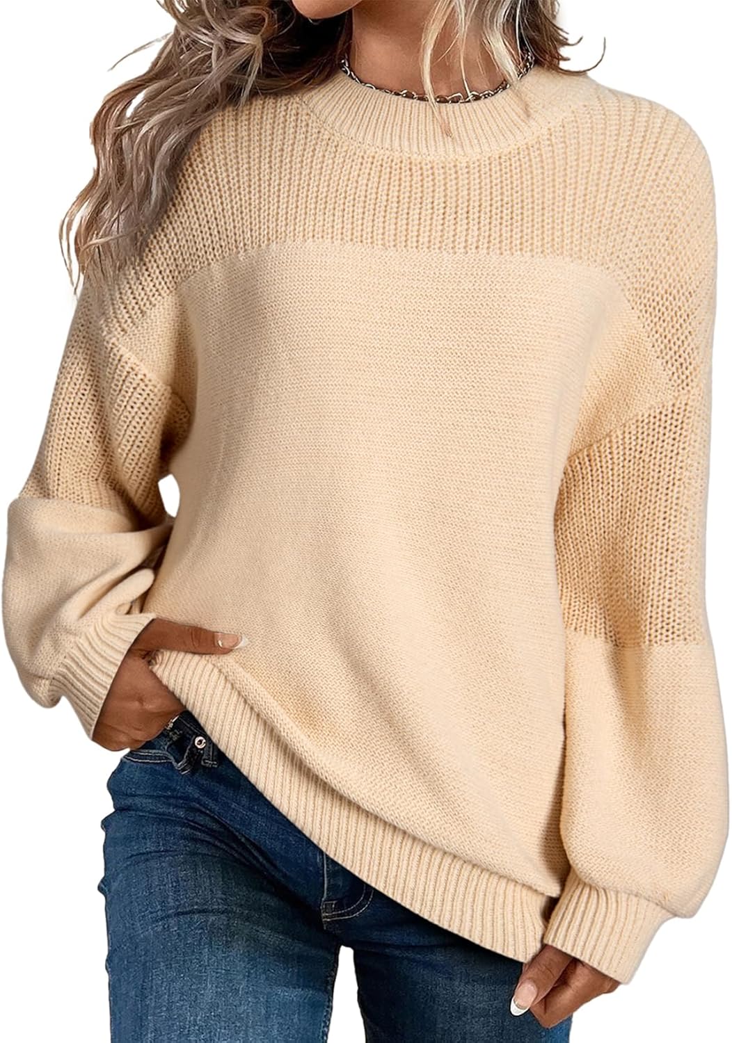 Maglione pullover da donna casual a manica lunga, scollo rotondo, maglia a tinta unita