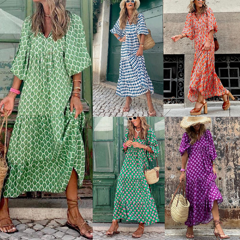 Abito Bohemien Elegante con Maniche a Palloncino e Fantasia Floreale