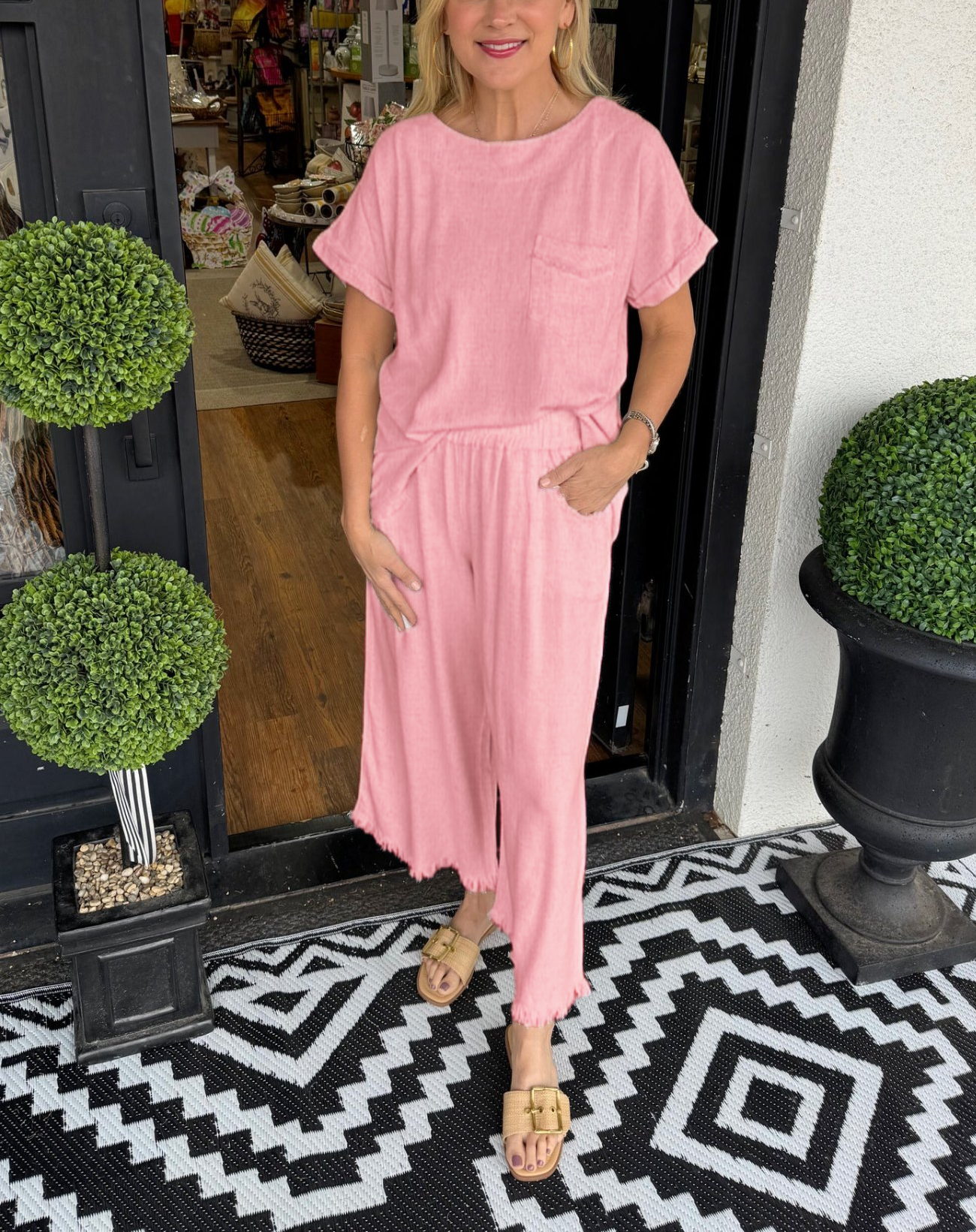 Completo da casa casual da donna in cotone e lino tinta unita (acquista 2, spedizione gratuita)