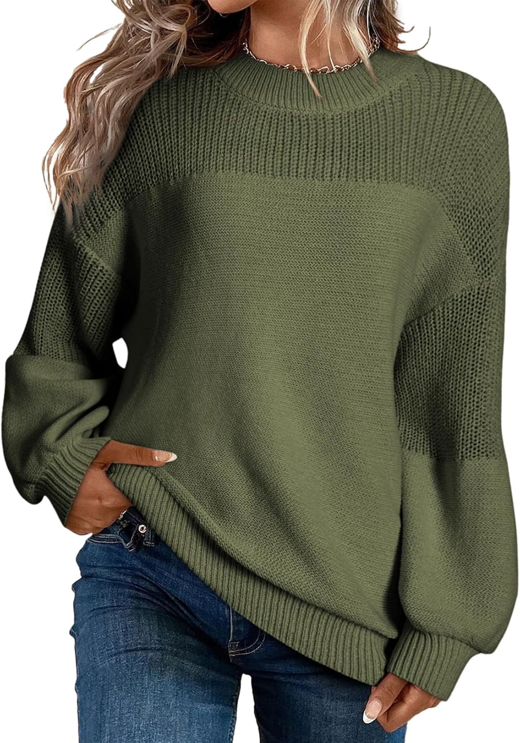 Maglione pullover da donna casual a manica lunga, scollo rotondo, maglia a tinta unita