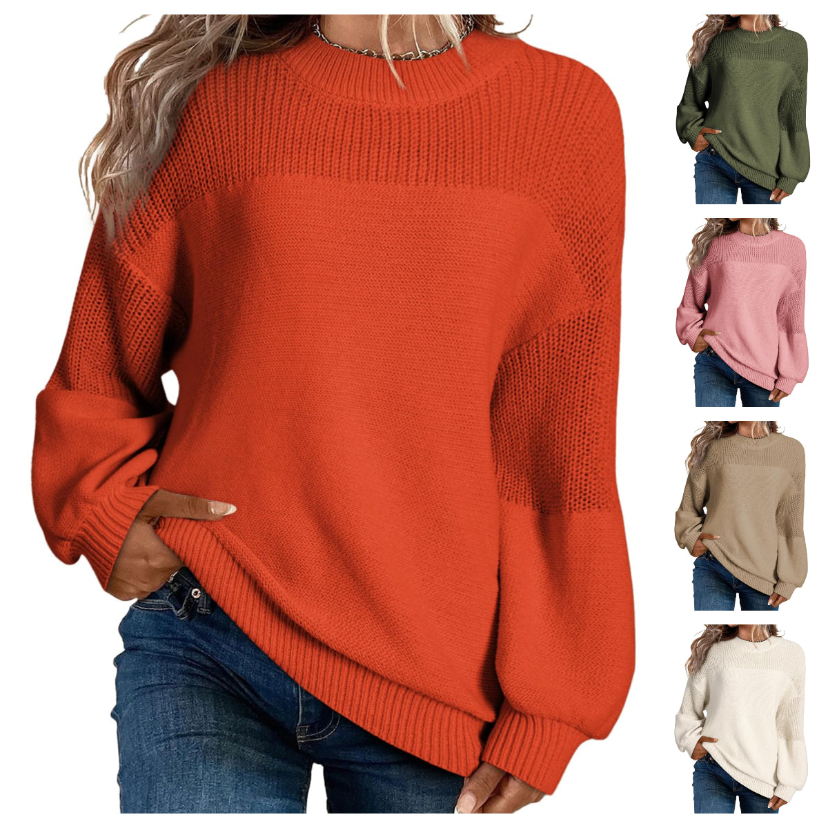 Maglione pullover da donna casual a manica lunga, scollo rotondo, maglia a tinta unita