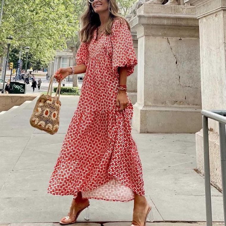 Abito Bohemien Elegante con Maniche a Palloncino e Fantasia Floreale