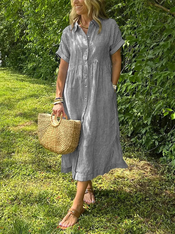 NOVITÀ🔥 Abito camicia con risvolto a righe e bottoni