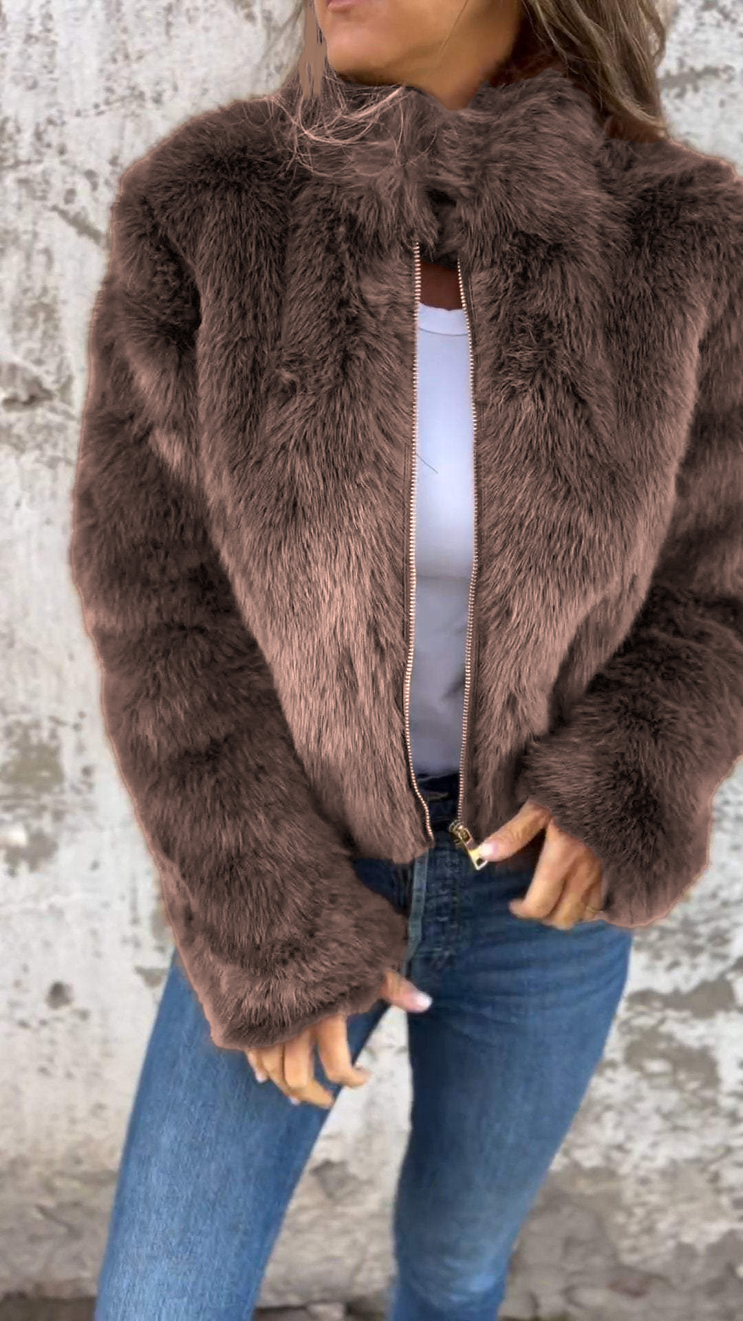 Giacca Casual da Donna con Collo Alto e Cerniera in Pelliccia