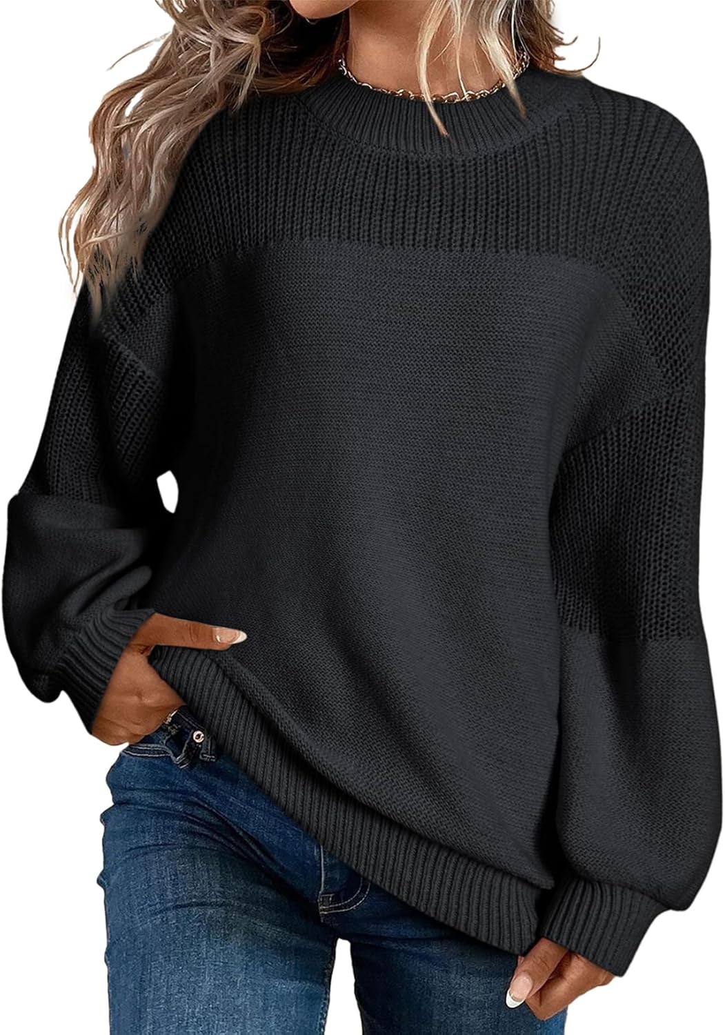 Maglione pullover da donna casual a manica lunga, scollo rotondo, maglia a tinta unita