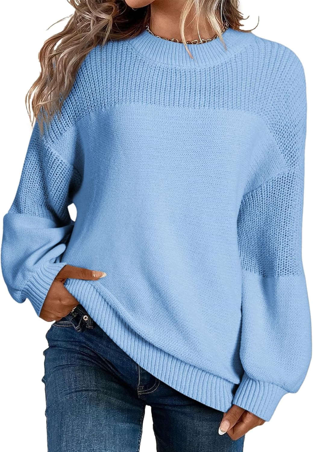 Maglione pullover da donna casual a manica lunga, scollo rotondo, maglia a tinta unita