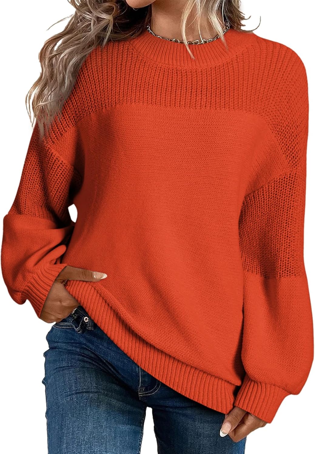Maglione pullover da donna casual a manica lunga, scollo rotondo, maglia a tinta unita