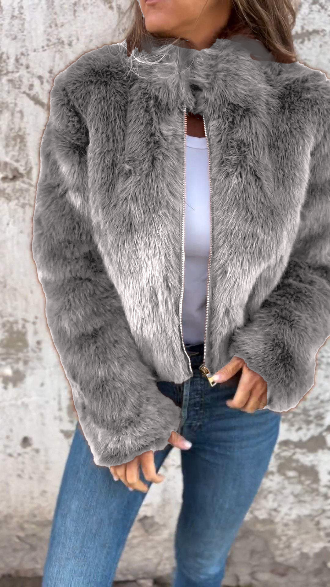 Giacca Casual da Donna con Collo Alto e Cerniera in Pelliccia