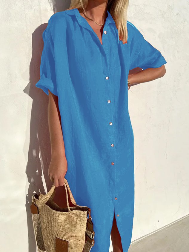 Vestito da donna elegante casual ampio a mezza manica con bottoni frontali in cotone e lino