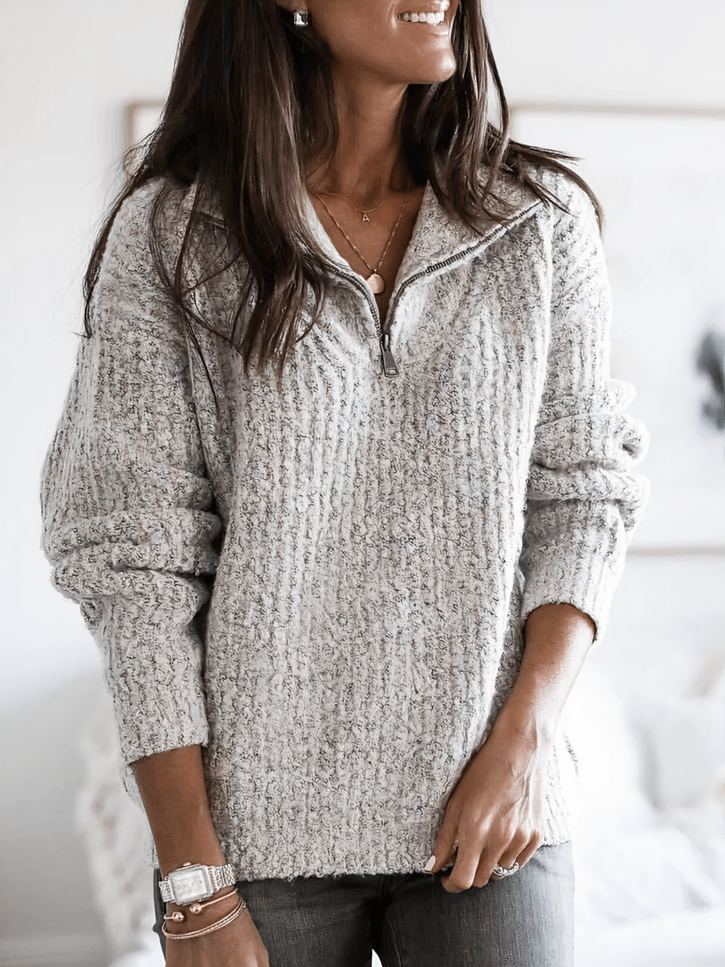 Maglione da donna a mezza zip a costine