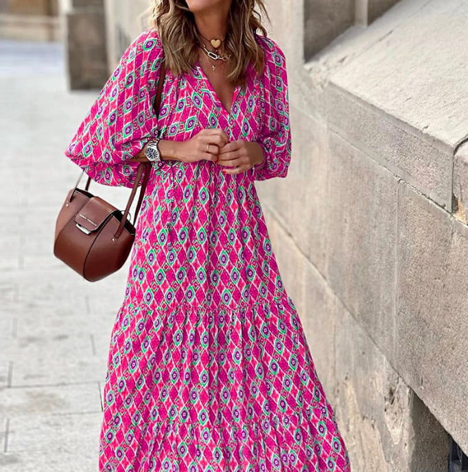 Abito Bohemien Elegante con Maniche a Palloncino e Fantasia Floreale
