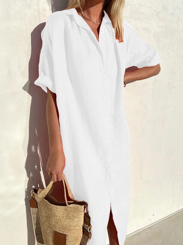 Vestito da donna elegante casual ampio a mezza manica con bottoni frontali in cotone e lino