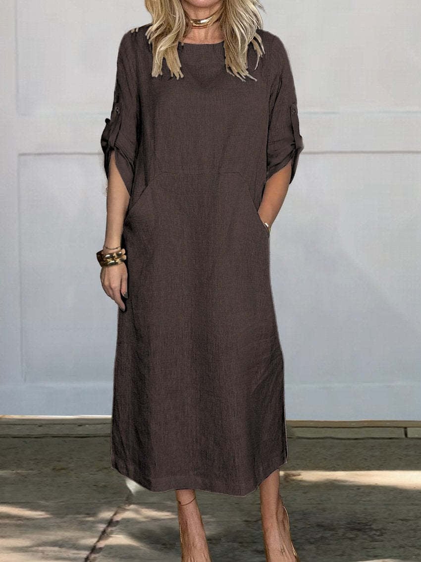 🔥HOT SALE🔥Women Summer Solid Color Linen Cotton Casual Double Side Pocket Dress(ALMOST SOLD OUT)