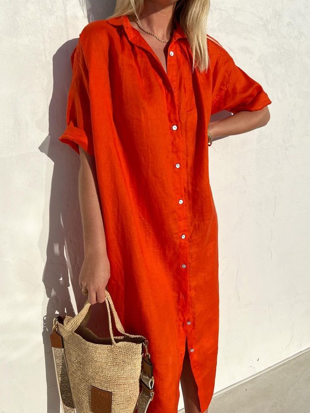 Vestito da donna elegante casual ampio a mezza manica con bottoni frontali in cotone e lino