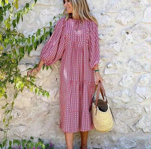 Abito Bohemien Elegante con Maniche a Palloncino e Fantasia Floreale