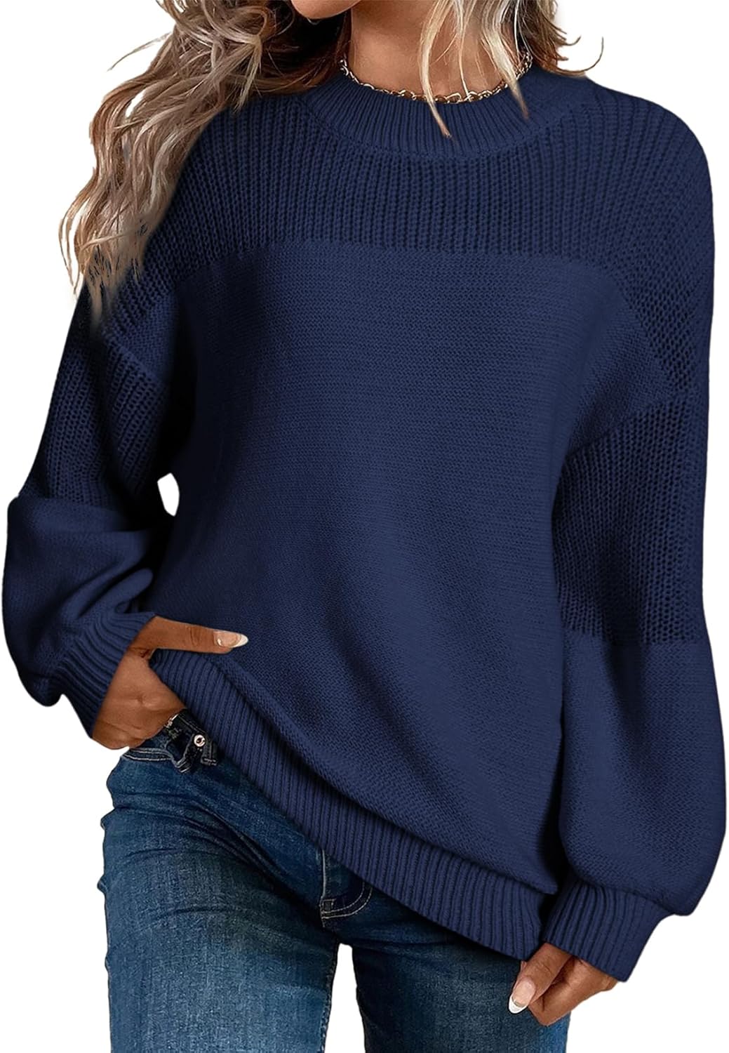 Maglione pullover da donna casual a manica lunga, scollo rotondo, maglia a tinta unita
