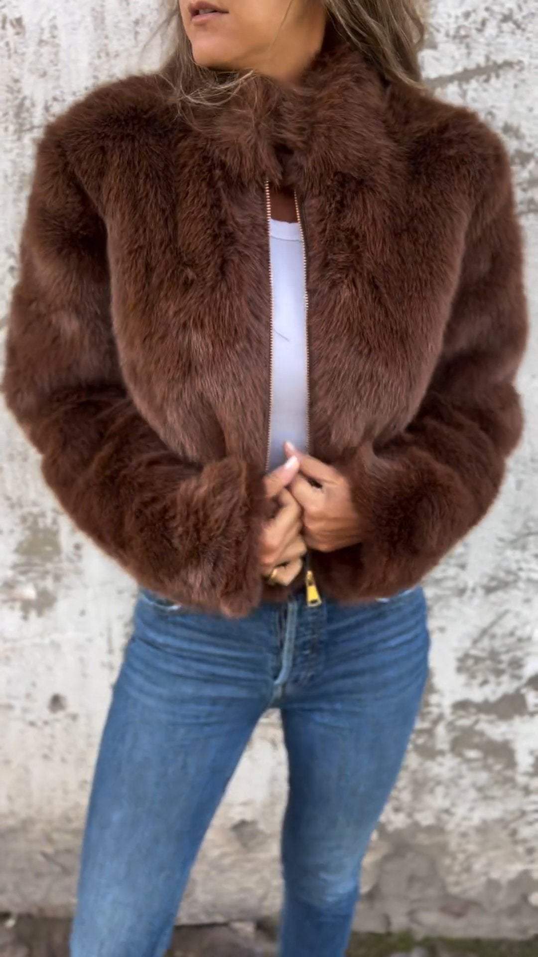 Giacca Casual da Donna con Collo Alto e Cerniera in Pelliccia